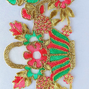 Flower Basket Cutwork Trim, Embroidered In Gold, Pink & Green